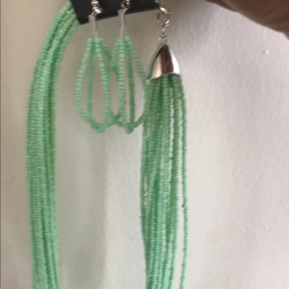Green seed bead necklace and earrings set
